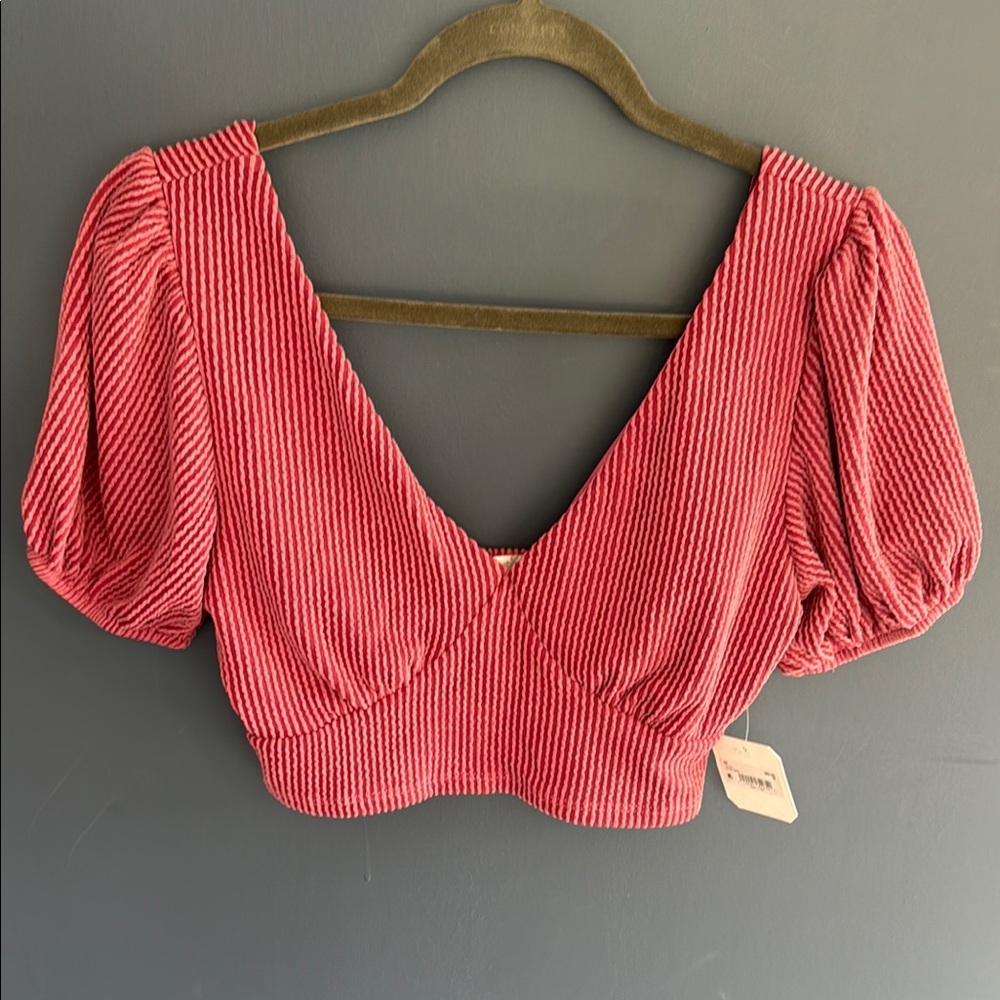 Altar'd State Pink Cropped Blouse with Puffed Sleeves